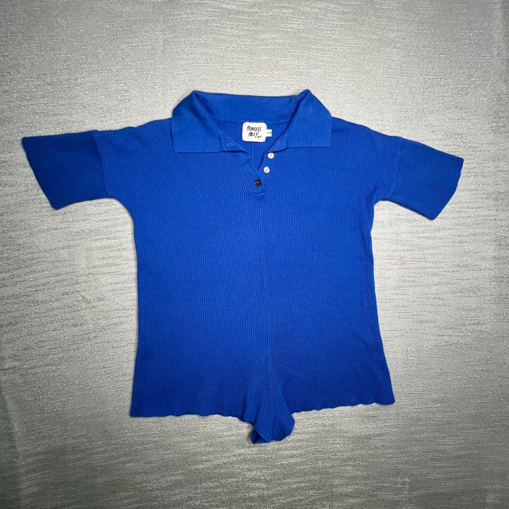 Romper Onesie Cheeky Shorts Cozy Royal Blue Ribbed Knit Polo Short Sleeve S/M